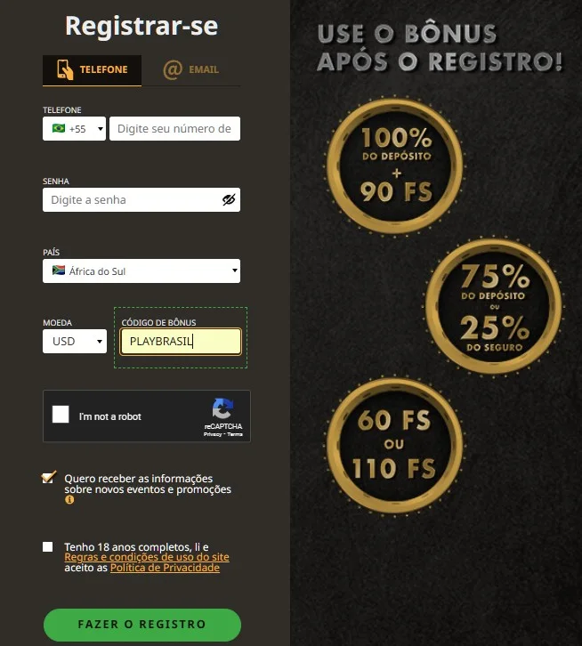 Registro no Play Fortuna